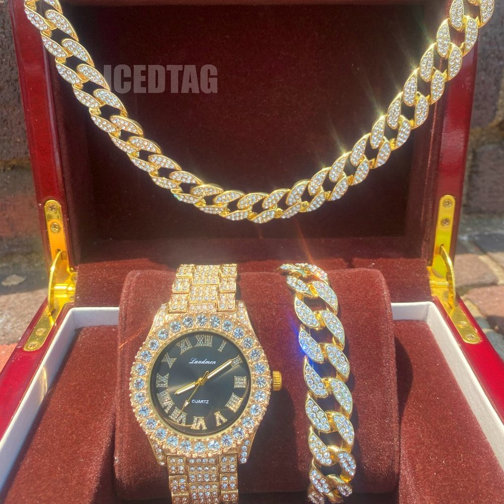 3pc Set- Iced Luxury Black Dial Round Gold PT Watch, 18" -24" Necklace, Bracelet